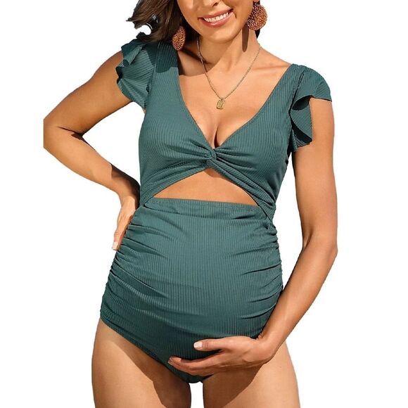 Charmo Green Ruffle Ribbed Pregnancy Cut Out One Piece Swimsuit Large - Picture 2 of 13
